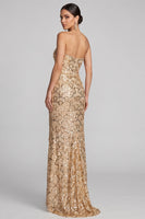 Load image into Gallery viewer, Sparkly Golden Sequins Strapless Mermaid Floral Long Evening Dress