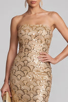Load image into Gallery viewer, Sparkly Golden Sequins Strapless Mermaid Floral Long Evening Dress