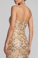 Load image into Gallery viewer, Sparkly Golden Sequins Strapless Mermaid Floral Long Evening Dress