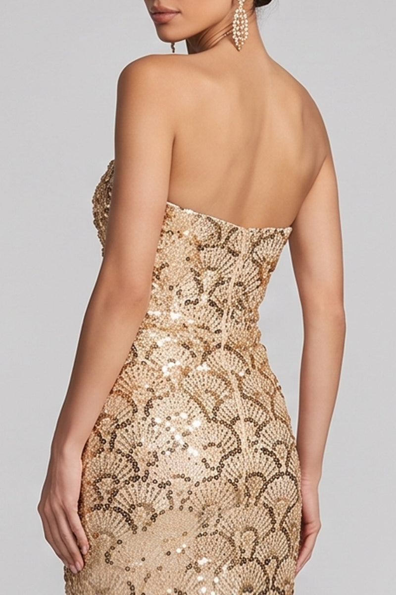 Load image into Gallery viewer, Sparkly Golden Sequins Strapless Mermaid Floral Long Evening Dress