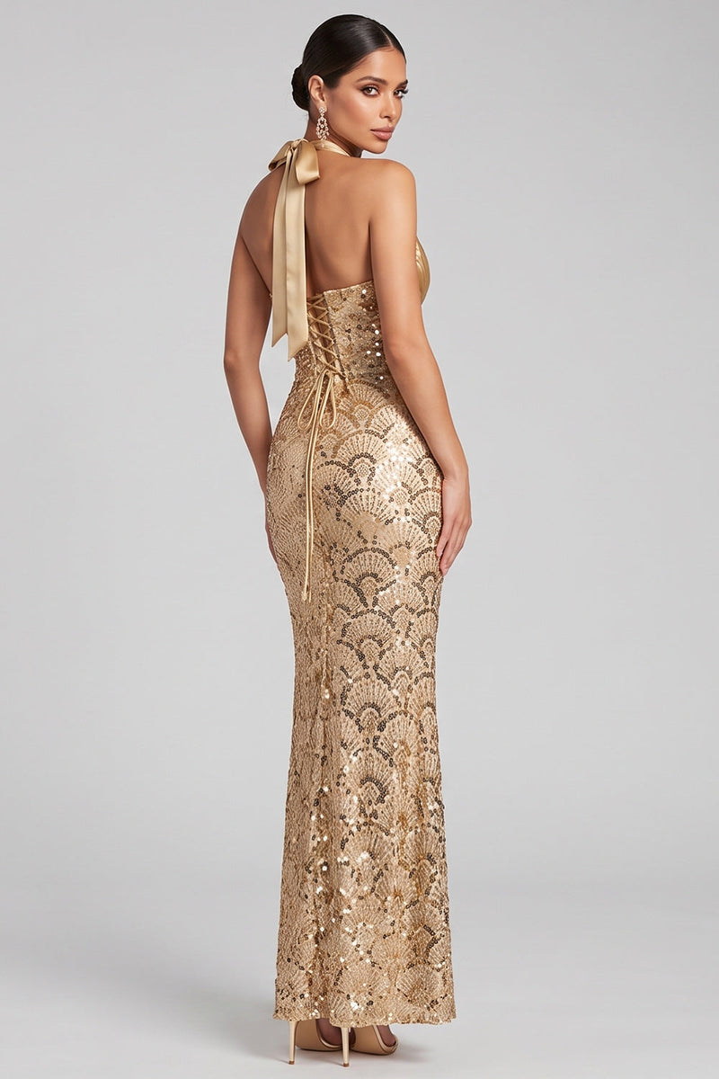 Load image into Gallery viewer, Sparkly Golden Sequin Mermaid Ruched Halter Long Evening Dress