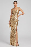 Load image into Gallery viewer, Sparkly Golden Sequin Mermaid Long Evening Dress with 3D Flowers
