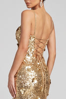 Load image into Gallery viewer, Sparkly Golden Sequin Mermaid Long Evening Dress with 3D Flowers