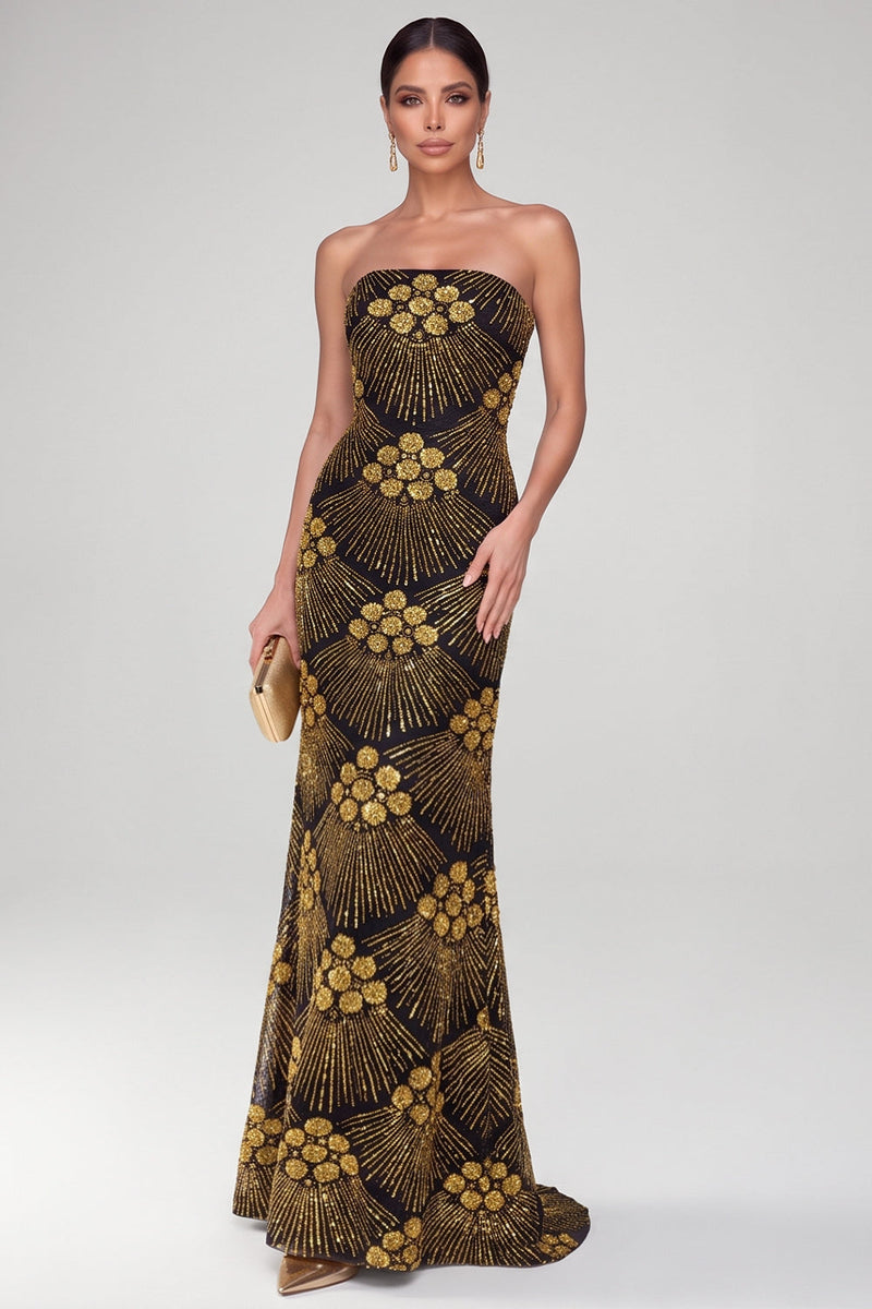 Load image into Gallery viewer, Sparkly Black Golden Mermaid Sequin Strapless Long Evening Dress
