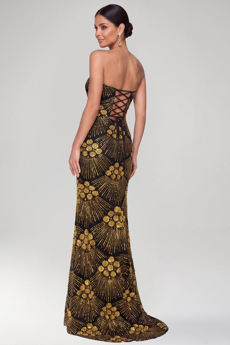 Load image into Gallery viewer, Sparkly Black Golden Mermaid Sequin Strapless Long Evening Dress