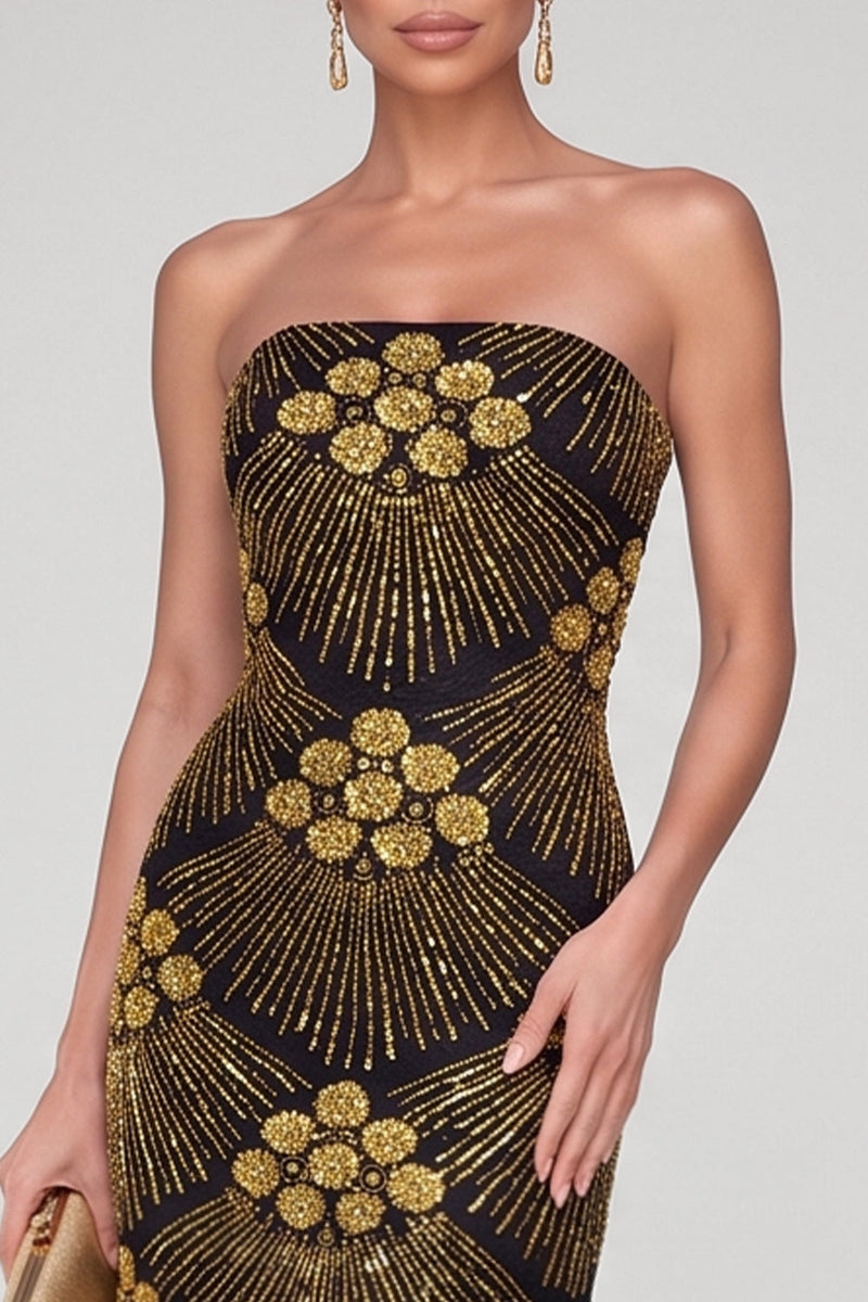 Load image into Gallery viewer, Sparkly Black Golden Mermaid Sequin Strapless Long Evening Dress