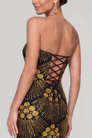 Load image into Gallery viewer, Sparkly Black Golden Mermaid Sequin Strapless Long Evening Dress
