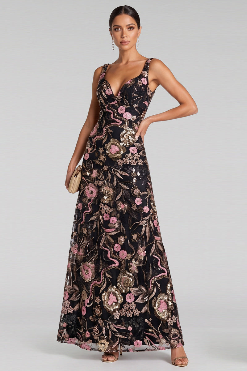Load image into Gallery viewer, Sparkly Black Pink A-Line Thick Strap Sequin Long Evening Dress