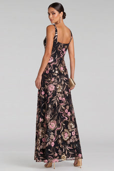Sparkly Black Pink A-Line Thick Strap Sequin Long Evening Dress