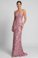 Load image into Gallery viewer, Sparkly Sequin Pink Floral Mermaid Spaghetti Straps Long Evening Dress