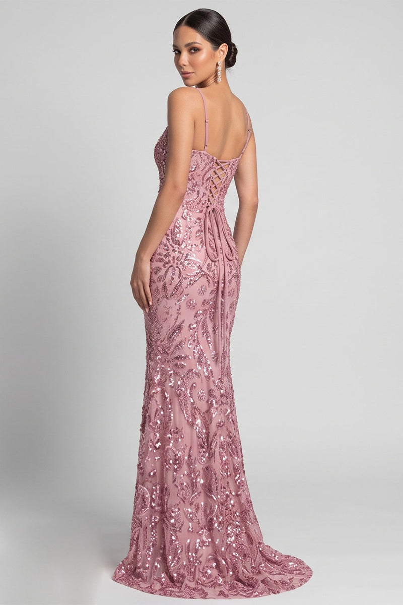 Load image into Gallery viewer, Sparkly Sequin Pink Floral Mermaid Spaghetti Straps Long Evening Dress