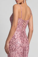 Load image into Gallery viewer, Sparkly Sequin Pink Floral Mermaid Spaghetti Straps Long Evening Dress