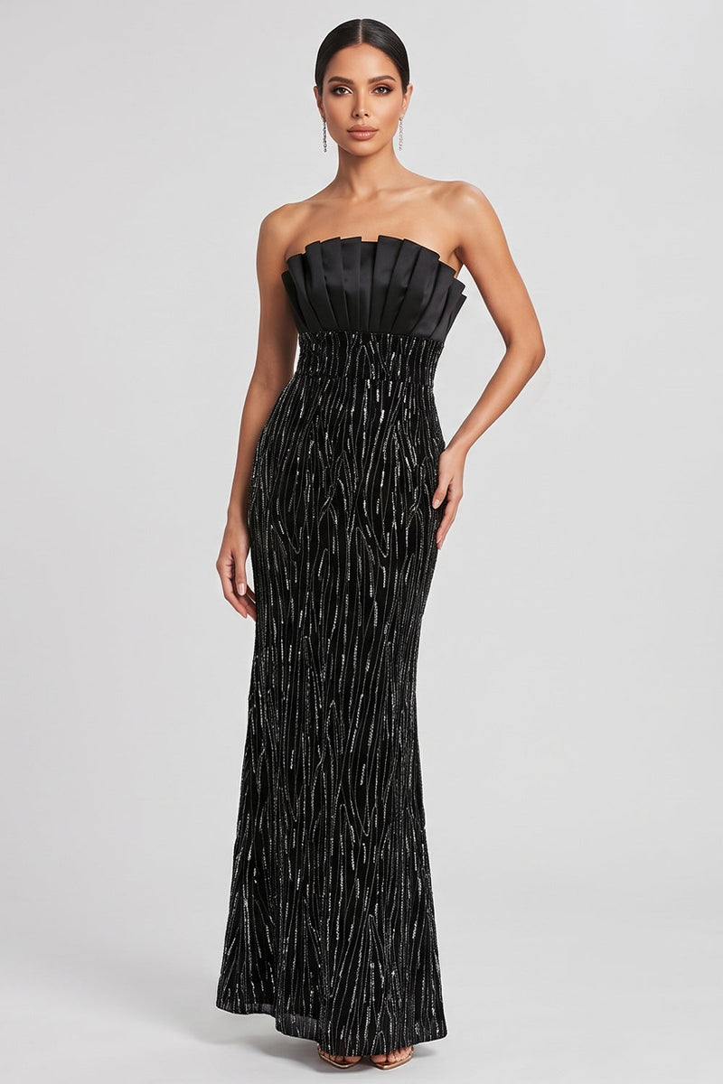 Load image into Gallery viewer, Sparkly Black Ruched Mermaid Strapless Beaded Long Evening Dress