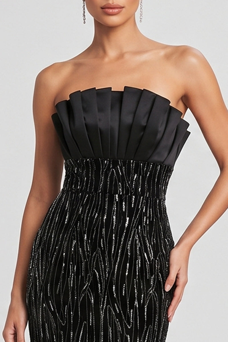 Load image into Gallery viewer, Sparkly Black Ruched Mermaid Strapless Beaded Long Evening Dress