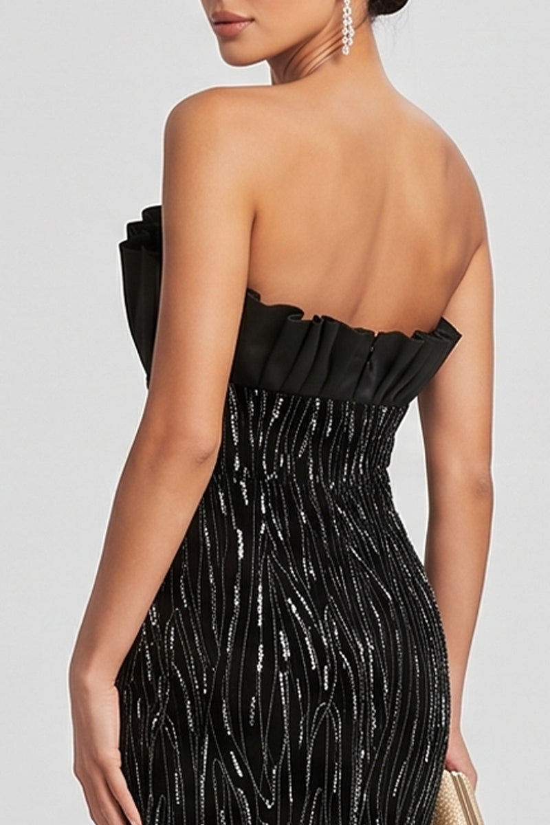 Load image into Gallery viewer, Sparkly Black Ruched Mermaid Strapless Beaded Long Evening Dress