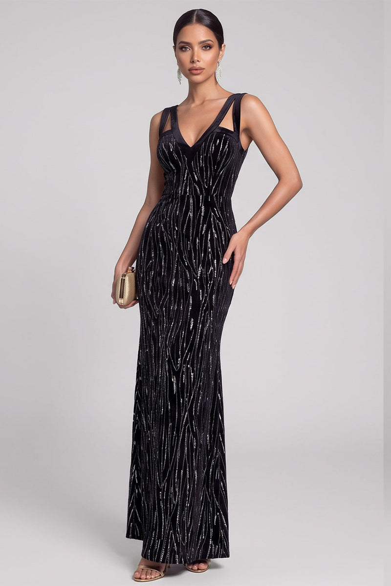 Load image into Gallery viewer, Sparkly Black Beaded Mermaid V-Neck Long Evening Dress
