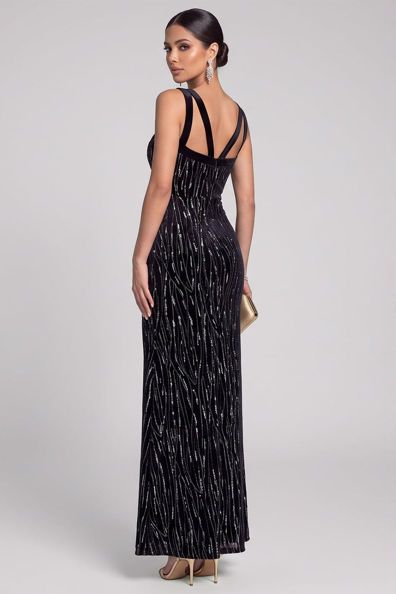 Load image into Gallery viewer, Sparkly Black Beaded Mermaid V-Neck Long Evening Dress