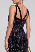 Load image into Gallery viewer, Sparkly Black Beaded Mermaid V-Neck Long Evening Dress