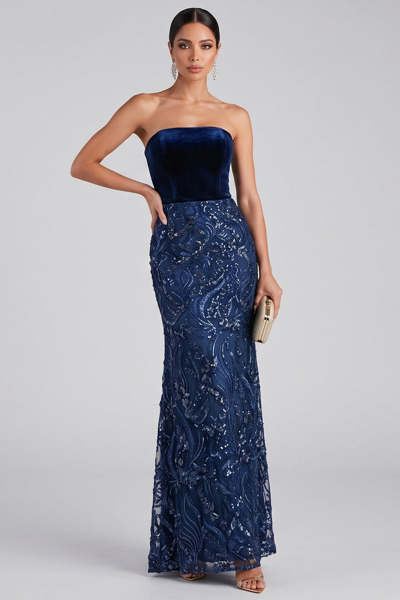 Load image into Gallery viewer, Sparkly Navy Velvet Sequin Strapless Floral Mermaid Long Evening Dress
