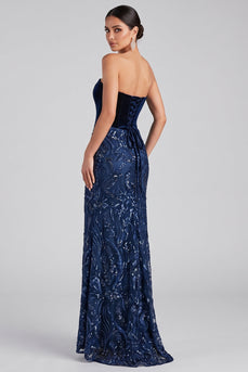 Sparkly Navy Velvet Sequin Strapless Floral Mermaid Long Evening Dress