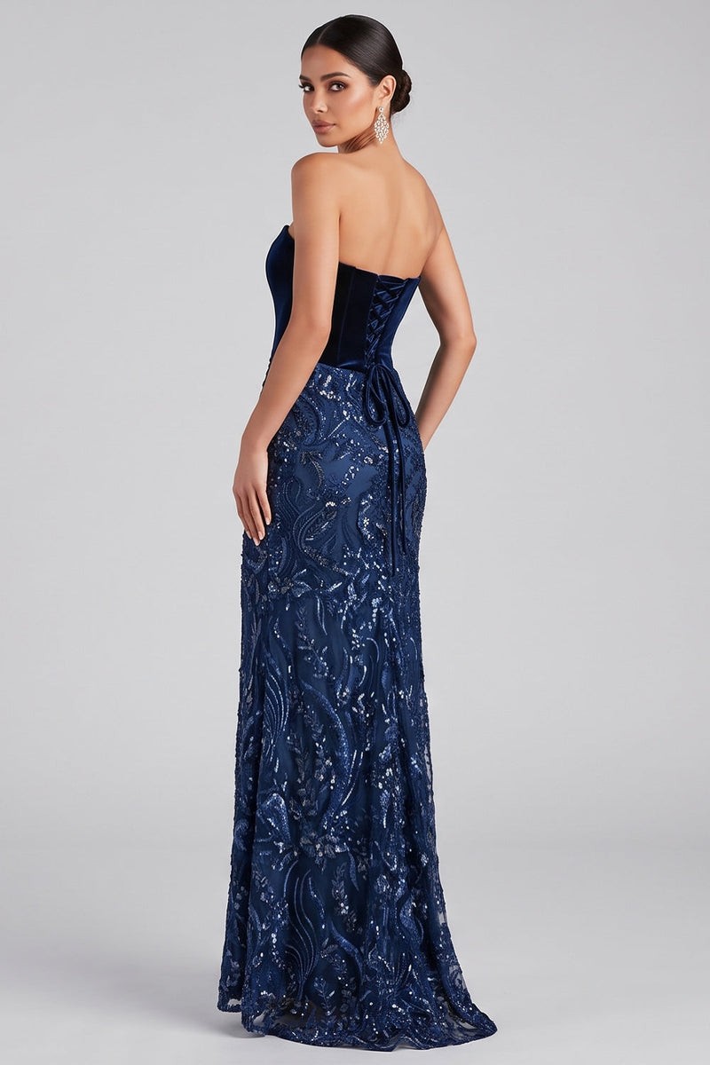 Load image into Gallery viewer, Sparkly Navy Velvet Sequin Strapless Floral Mermaid Long Evening Dress