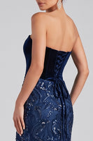 Load image into Gallery viewer, Sparkly Navy Velvet Sequin Strapless Floral Mermaid Long Evening Dress