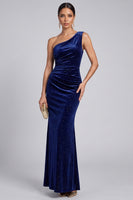 Load image into Gallery viewer, Glitter Navy Velvet One Shoulder Mermaid Long Evening Dress