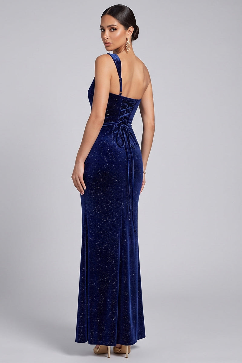 Load image into Gallery viewer, Glitter Navy Velvet One Shoulder Mermaid Long Evening Dress