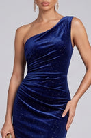 Load image into Gallery viewer, Glitter Navy Velvet One Shoulder Mermaid Long Evening Dress