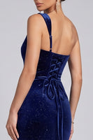 Load image into Gallery viewer, Glitter Navy Velvet One Shoulder Mermaid Long Evening Dress