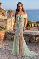 Load image into Gallery viewer, Floral Dusty Sage Mermaid Off the Shoulder Long Prom Dress with Bow
