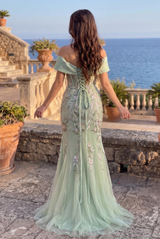 Floral Dusty Sage Mermaid Off the Shoulder Long Prom Dress with Bow