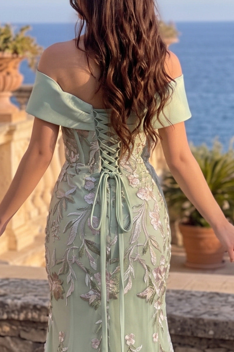 Load image into Gallery viewer, Floral Dusty Sage Mermaid Off the Shoulder Long Prom Dress with Bow