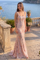 Load image into Gallery viewer, Floral Dusty Rose Mermaid Sparkly Sequin Corset Long Prom Dress with Pearls
