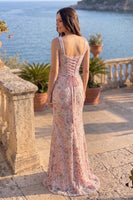 Load image into Gallery viewer, Floral Dusty Rose Mermaid Sparkly Sequin Corset Long Prom Dress with Pearls