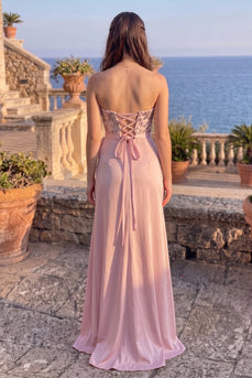 Floral Dusty Rose Sheath Sparkly Sequin Strapless Long Prom Dress with Bow