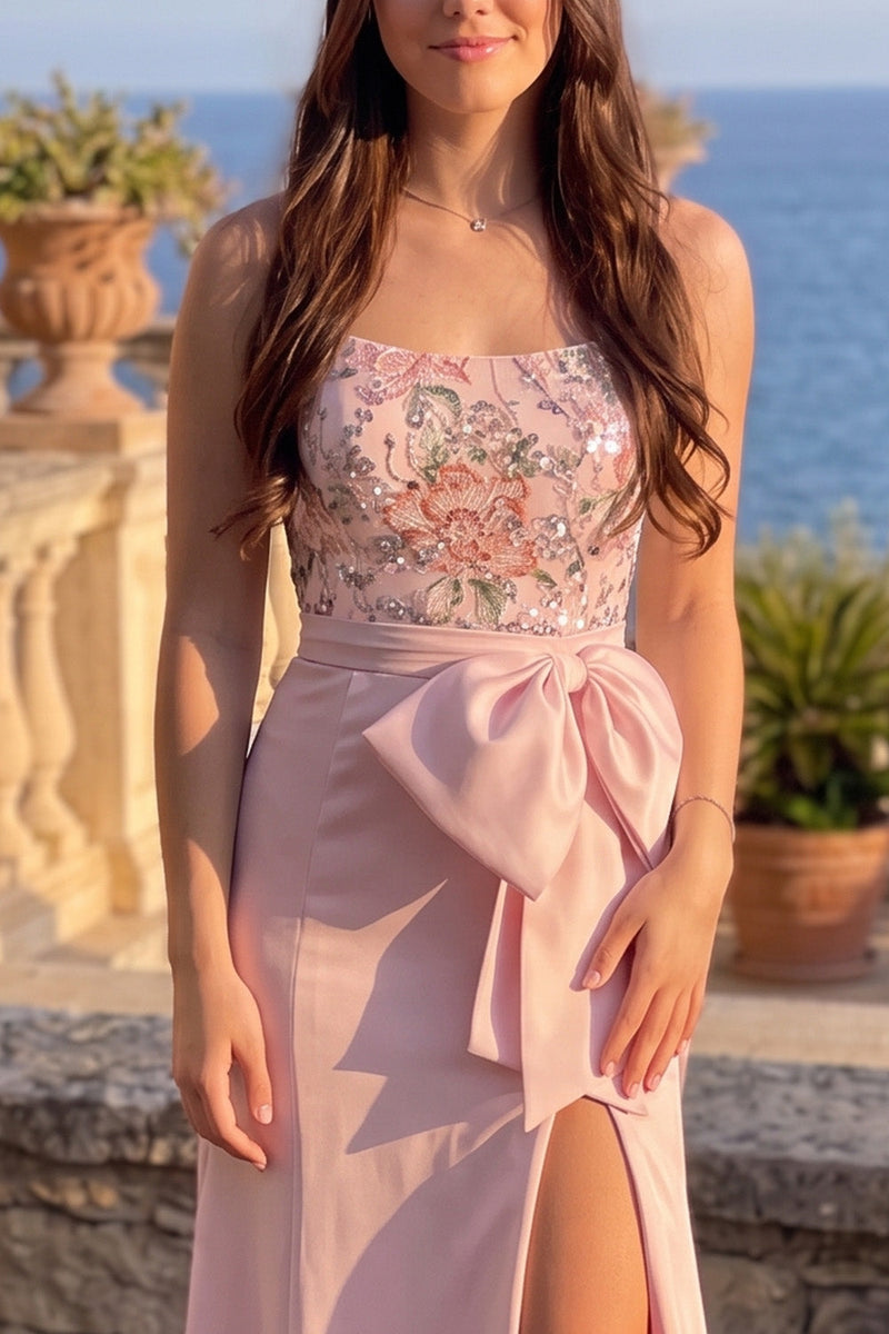 Load image into Gallery viewer, Floral Dusty Rose Sheath Sparkly Sequin Strapless Long Prom Dress with Bow