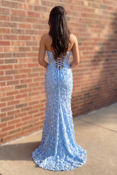 Mermaid Blue Strapless Ruched Long Prom Dress with 3D Flowers