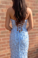 Load image into Gallery viewer, Mermaid Blue Strapless Ruched Long Prom Dress with 3D Flowers