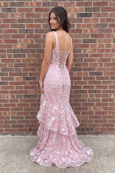 Sparkly Sequin Pink Mermaid Floral Ruffled Corset Long Prom Dress with Slit