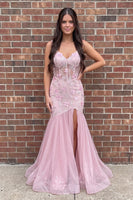 Load image into Gallery viewer, Pink Mermaid Floral Sparkly Sequin Corset Long Prom Dress with Slit
