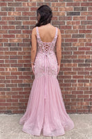 Load image into Gallery viewer, Pink Mermaid Floral Sparkly Sequin Corset Long Prom Dress with Slit