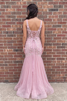 Pink Mermaid Floral Sparkly Sequin Corset Long Prom Dress with Slit