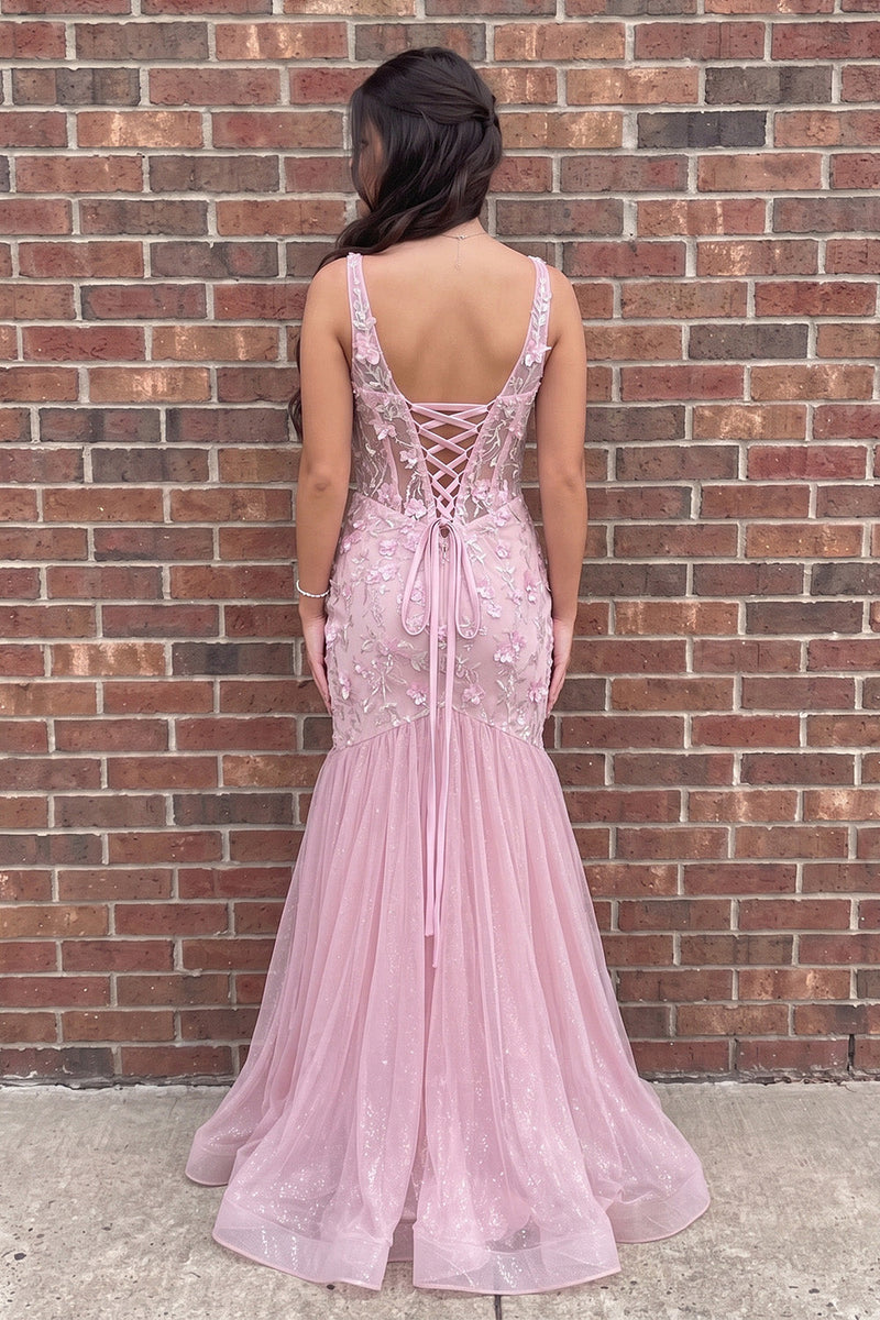 Load image into Gallery viewer, Pink Mermaid Floral Sparkly Sequin Corset Long Prom Dress with Slit