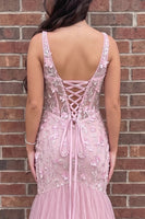 Load image into Gallery viewer, Pink Mermaid Floral Sparkly Sequin Corset Long Prom Dress with Slit