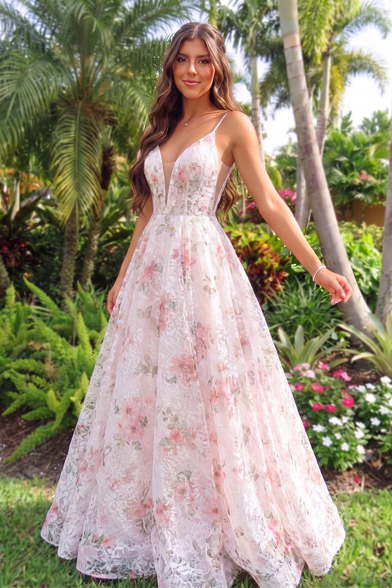 Load image into Gallery viewer, Floral Blushing Pink A Line Spaghetti Straps Long Prom Dress