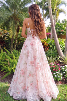 Floral Blushing Pink A Line Spaghetti Straps Long Prom Dress