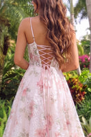 Load image into Gallery viewer, Floral Blushing Pink A Line Spaghetti Straps Long Prom Dress