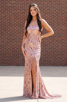 Load image into Gallery viewer, Sparkly Sequin Champagne Rose Floral Sheath Strapless Long Prom Dress with Slit