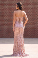 Load image into Gallery viewer, Sparkly Sequin Champagne Rose Floral Sheath Strapless Long Prom Dress with Slit